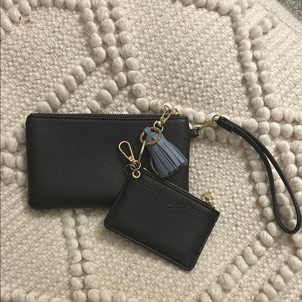 Black Wristlet and Card Holders Set with Gold Accents